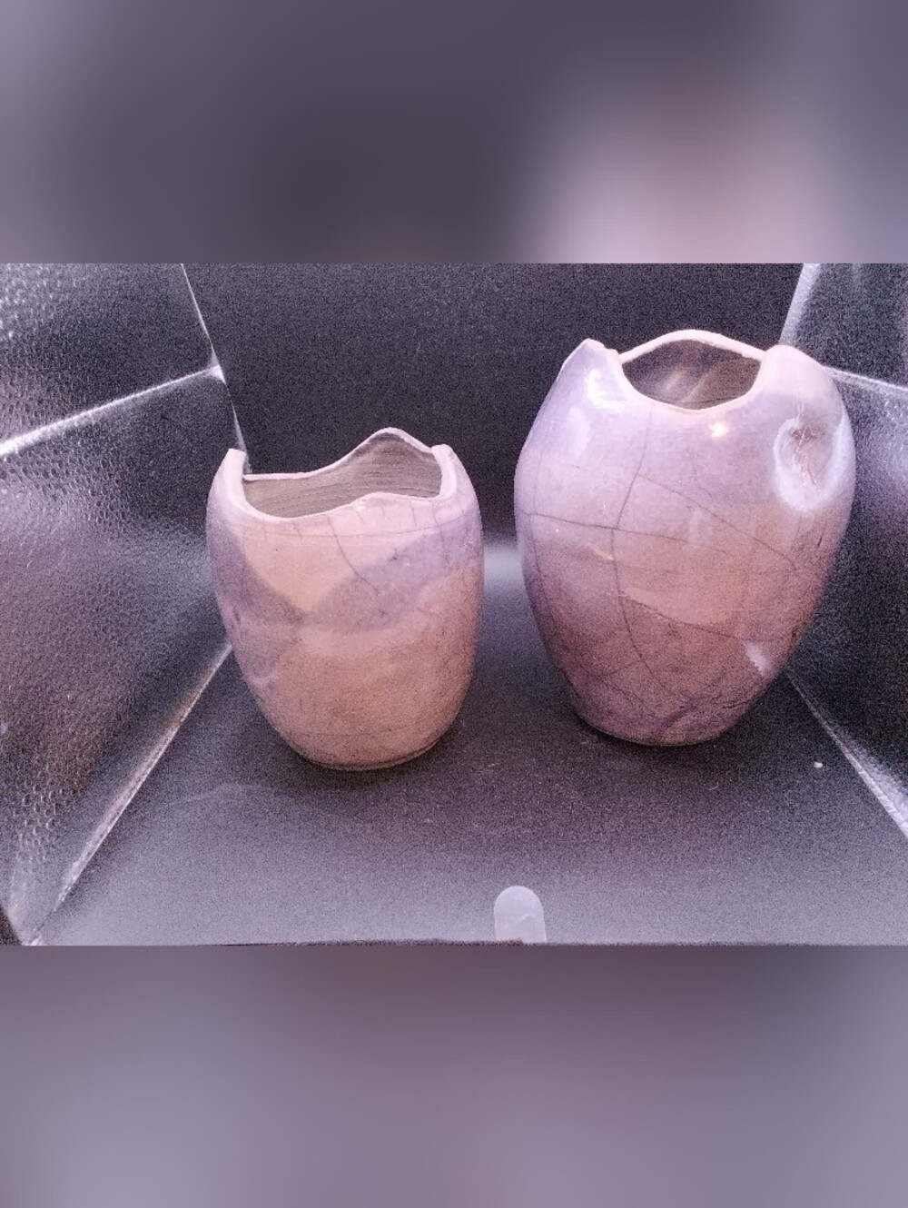 Set of 2 Purple Glazed Raku Studio Pottery Vases Abstract Design